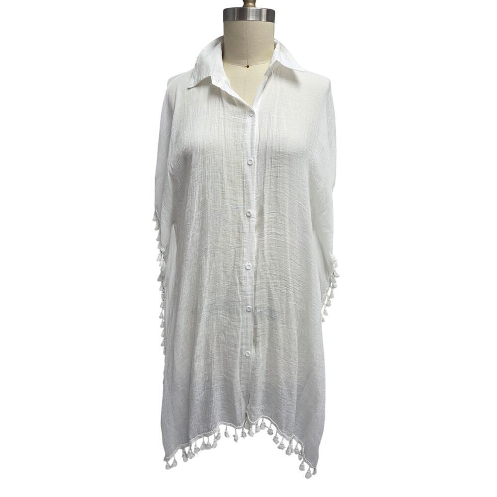 Rachel Zoe Button Down Cover Up Ball Fringe One Size Excellent Condition